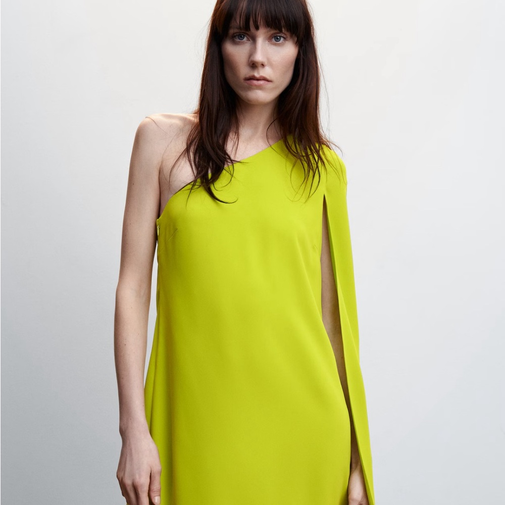 MANGO Vibrant Green One Shoulder Cape Cocktail Dress